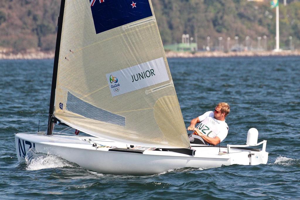 Josh Junior (NZL) working as hard as he can in the moderate breeze - Medal Race 2016 Olympics © Richard Gladwell www.photosport.co.nz